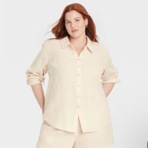 Universal Thread Women's Long Sleeve Gauzy Collared Button-Down Shirt Cream
